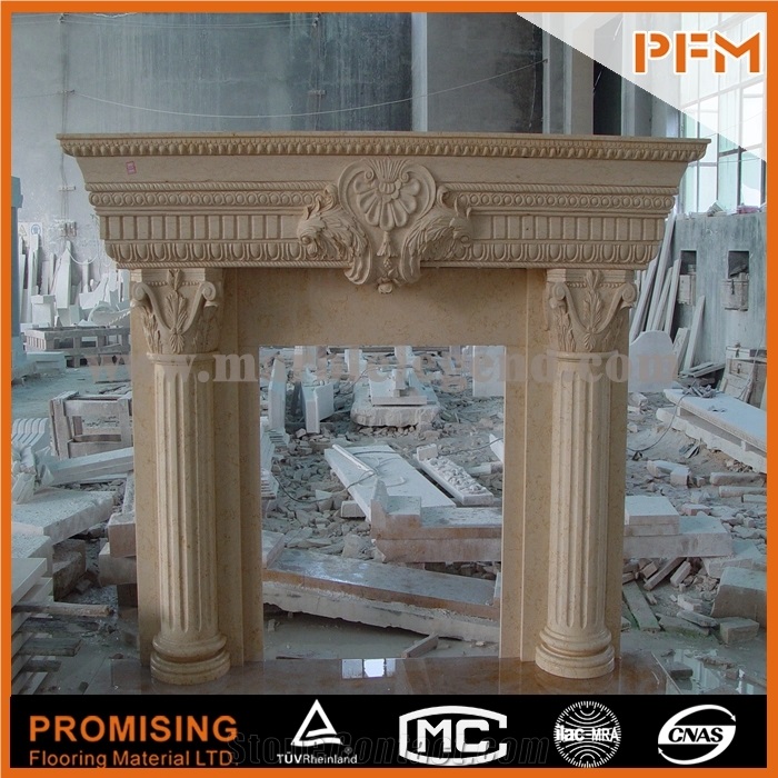 New Design / Western / European Customized Figure / Noble Beige Marble/ Hand Carving Sculptured Fireplace Mantel