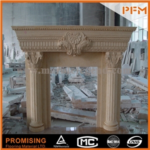 New Design / Western / European Customized Figure / Noble Beige Marble/ Hand Carving Sculptured Fireplace Mantel