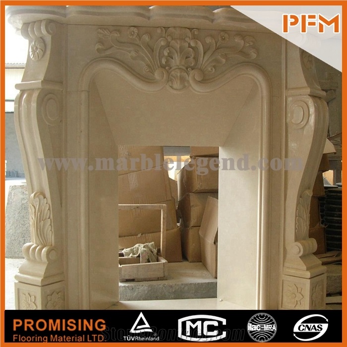 New Design / Western / European Customized Figure / Noble Beige Marble/ Hand Carving Sculptured Fireplace Mantel