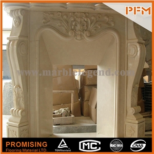 New Design / Western / European Customized Figure / Noble Beige Marble/ Hand Carving Sculptured Fireplace Mantel