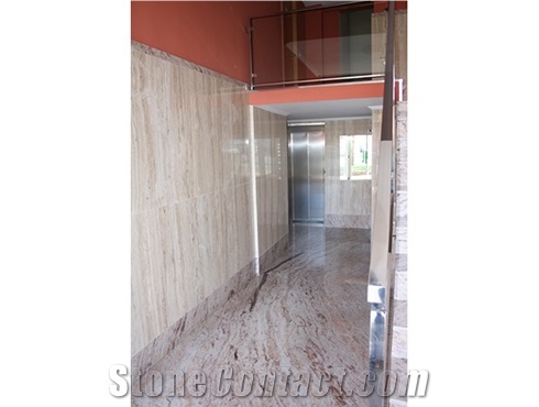 Sivakasi Gold Granite Stairs and Travertino Romano Walls