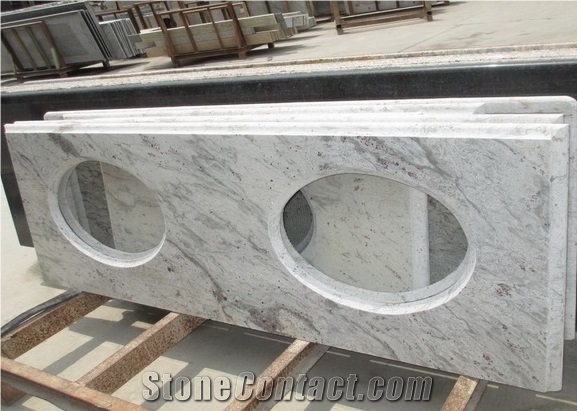 Indian Popular Cheap Granite White Galaxy Bathroom Countertops Custom Vanity Tops with Sinks Holes, Taps Holes, Natural Stone Bath Tops in Bullnose Edge