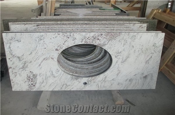 Indian Popular Cheap Granite White Galaxy Bathroom Countertops Custom Vanity Tops with Sinks Holes, Taps Holes, Natural Stone Bath Tops in Bullnose Edge
