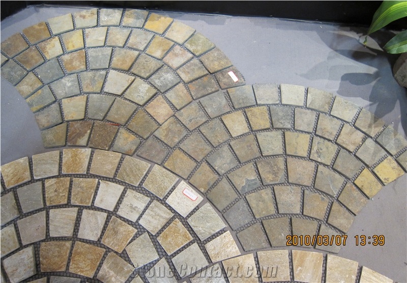 Rustic Slate Fan Shape Meshing Pavers, China Rusty Slate Cube Stone