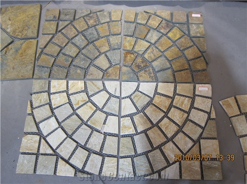 Rustic Slate Fan Shape Meshing Pavers, China Rusty Slate Cube Stone
