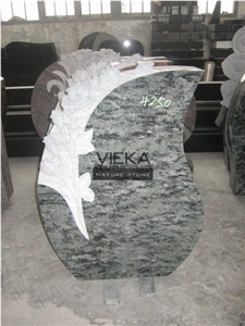 Olive Green Granite Tombstone & Monument,Memorials, German Style Vert Olive,Verde Olive,Verde Maritaca-Oliva,Namaqualand Green Polished and Flower Carved Headstone