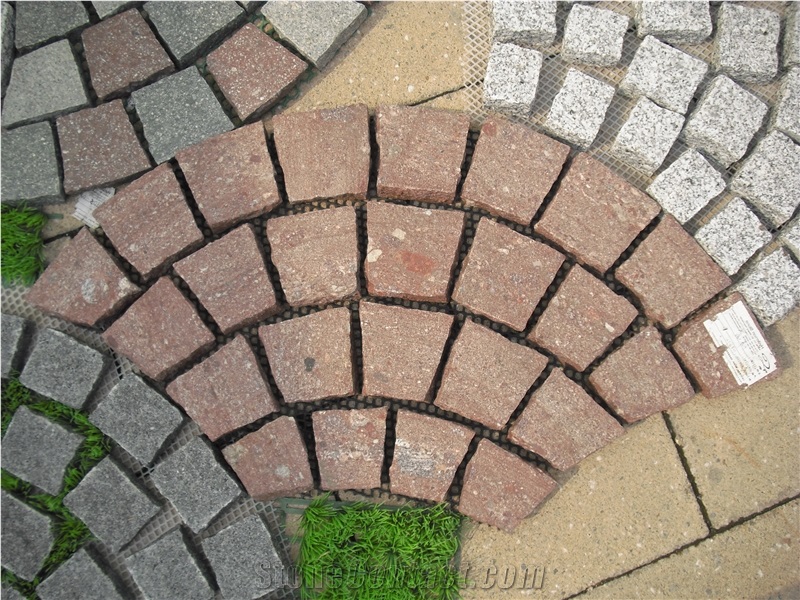 Dayang Red Granite Paving Stone on Fan Mesh, China Red Granite Exterior Paving Pattern Pavers for Courtyard/Driveway/Garden Stepping/Walkway