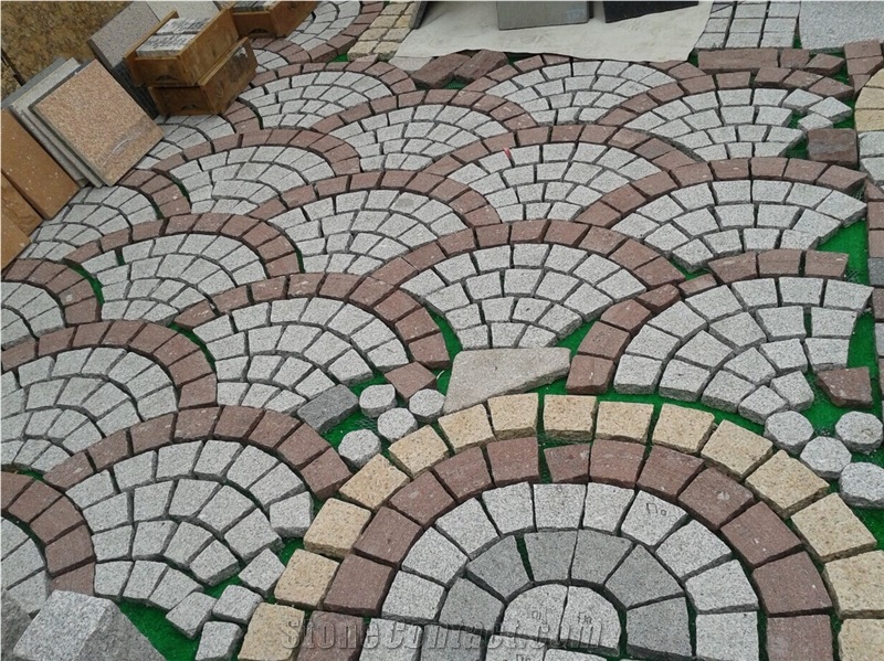 Fargo Flamed Paving Stone on Fan Mesh, Chinese Granite Grey + Dark + Red Exterior Paving Pattern Pavers for Courtyard/Driveway/Garden Stepping/Walkway