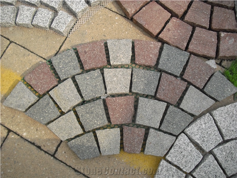 Fargo Flamed Paving Stone on Fan Mesh, Chinese Granite Grey + Dark + Red Exterior Paving Pattern Pavers for Courtyard/Driveway/Garden Stepping/Walkway