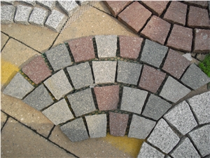 Fargo Flamed Paving Stone on Fan Mesh, Chinese Granite Grey + Dark + Red Exterior Paving Pattern Pavers for Courtyard/Driveway/Garden Stepping/Walkway