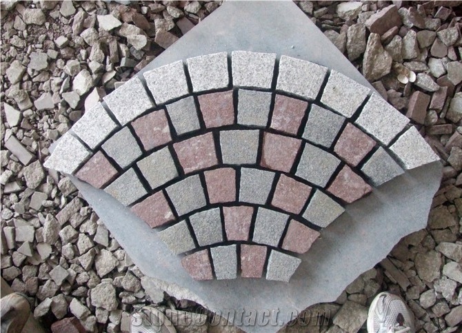 Fargo Flamed Paving Stone on Fan Mesh, Chinese Granite Grey + Dark + Red Exterior Paving Pattern Pavers for Courtyard/Driveway/Garden Stepping/Walkway