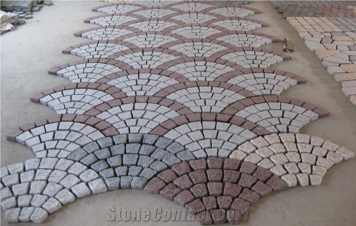 Fargo Flamed Paving Stone on Fan Mesh, Chinese Granite Grey + Dark + Red Exterior Paving Pattern Pavers for Courtyard/Driveway/Garden Stepping/Walkway
