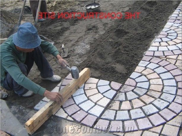 Fargo Flamed Paving Stone on Fan Mesh, Chinese Granite Grey + Dark + Red Exterior Paving Pattern Pavers for Courtyard/Driveway/Garden Stepping/Walkway
