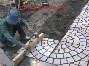 Fargo Flamed Paving Stone on Fan Mesh, Chinese Granite Grey + Dark + Red Exterior Paving Pattern Pavers for Courtyard/Driveway/Garden Stepping/Walkway
