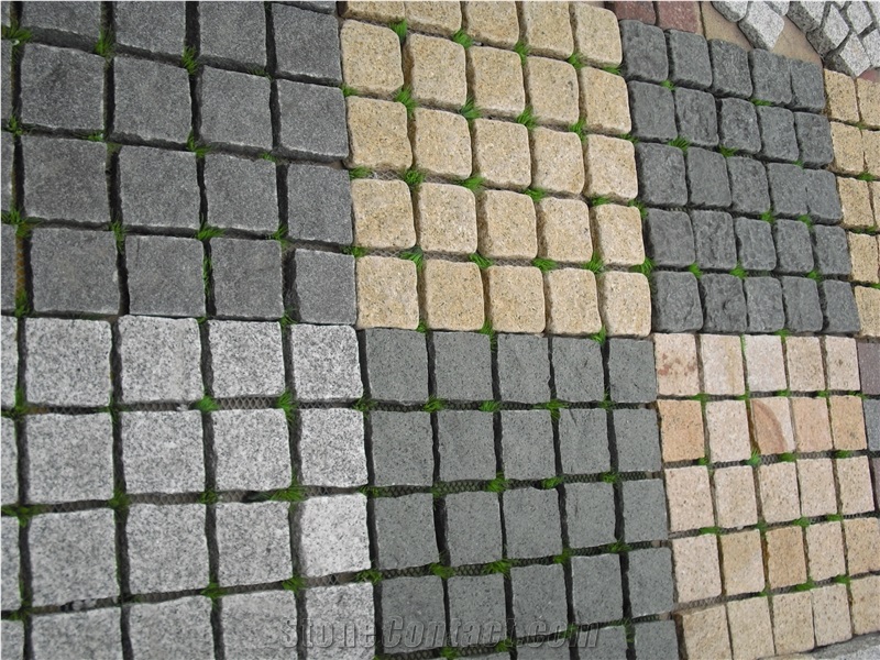 Fargo Flamed Paving Stone on Mesh, Chinese Black G684 Granite Exterior Paving Pattern Cobble Stone for Courtyard/Driveway/Garden Stepping/Walkway, Fuding Black Granite Cobble Stone