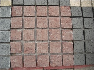 Fargo Natural Face Paving on Mesh, Chinese Red Porphyry Exterior Paving Pattern Pavers for Courtyard/Driveway/Garden Stepping/Walkway, China Porphyry Red Granite Cube Stone & Pavers