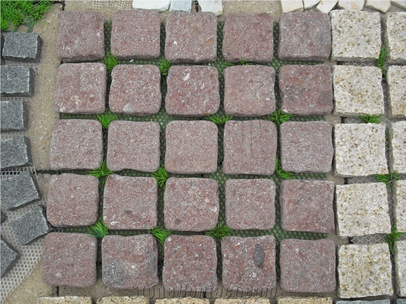 Fargo Natural Tumbled Paving on Mesh, Chinese Red Porphyry Exterior Paving Pattern Cobble Stone for Courtyard/Driveway/Garden Stepping/Walkway, China Porphyry Red Granite Cobble Stone