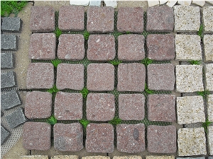 Fargo Natural Tumbled Paving on Mesh, Chinese Red Porphyry Exterior Paving Pattern Cobble Stone for Courtyard/Driveway/Garden Stepping/Walkway, China Porphyry Red Granite Cobble Stone