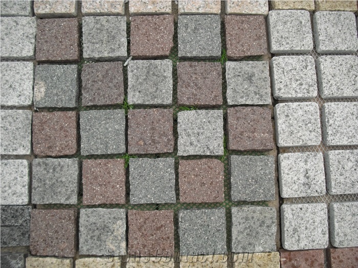 Fargo Natural Tumbled Paving on Mesh, Chinese Red Porphyry Exterior Paving Pattern Cobble Stone for Courtyard/Driveway/Garden Stepping/Walkway, China Porphyry Red Granite Cobble Stone