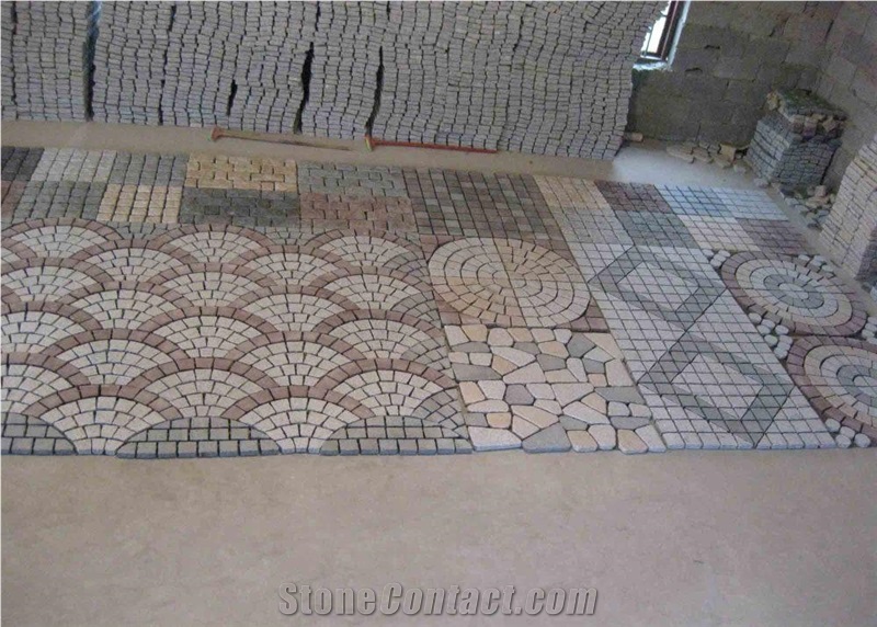 Fargo Natural Tumbled Paving Stone on Fan Mesh, Chinese Granite Dayang Red + Yellow G682 Exterior Paving Pattern Pavers for Courtyard/Driveway/Garden Stepping/Walkway