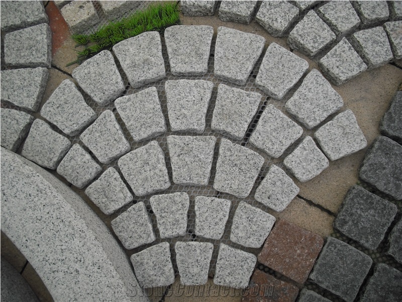 Fargo Natural Tumbled Paving Stone on Fan Mesh, Chinese Grey Granite G603 Exterior Paving Pattern Pavers for Courtyard/Driveway/Garden Stepping/Walkway
