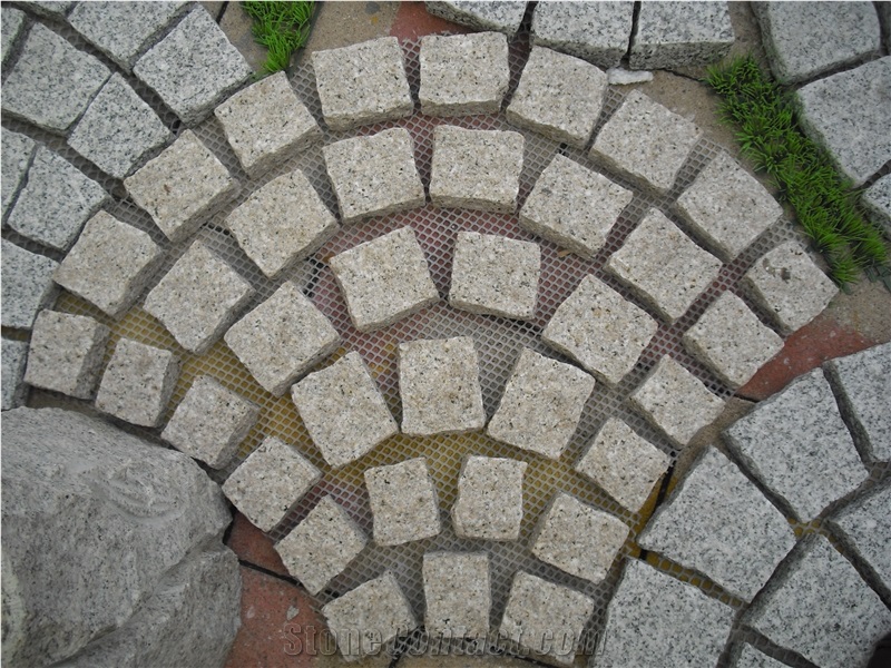 Fargo Natural Tumbled Paving Stone on Fan Mesh, Chinese Grey Granite G603 Exterior Paving Pattern Pavers for Courtyard/Driveway/Garden Stepping/Walkway