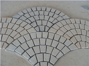 G682 Granite Flamed Paving Stone on Fan Mesh, Chinese Yellow Granite Exterior Paving Pattern Pavers for Courtyard/Driveway/Garden Stepping/Walkway
