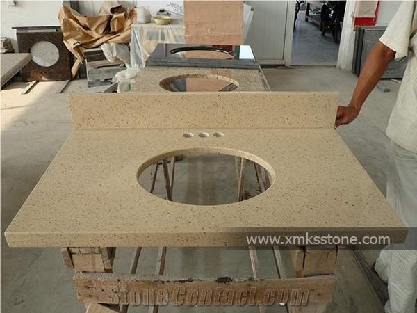 Beige Artificial Quartz Man-Made Quartz Bathroom Vanity Top, Custom Engineering Bath Top Set