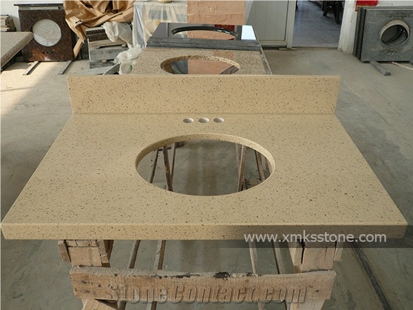 Beige Artificial Quartz Man-Made Quartz Bathroom Vanity Top, Custom Engineering Bath Top Set