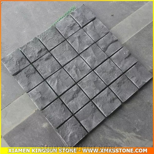Hainan Black Basalt Cube Stone on Mesh, Paving Stone - Natural Split