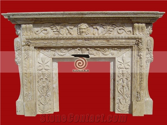 Beige Hand Carved Travertine Fireplace Surround Mantel