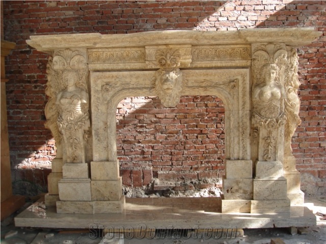 Beige Hand Carved Travertine Fireplace Surround Mantel
