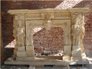 Beige Hand Carved Travertine Fireplace Surround Mantel
