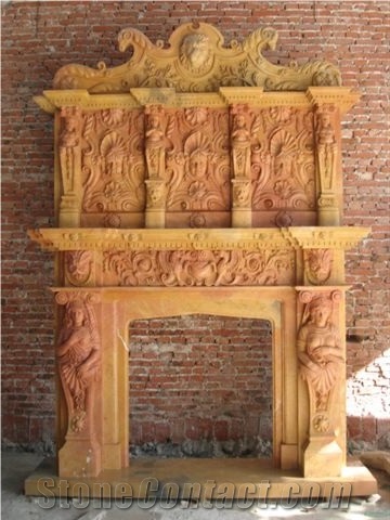 Beige Travertine Hand Carved Travertine Double Fireplace