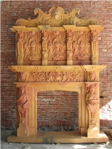 Beige Travertine Hand Carved Travertine Double Fireplace