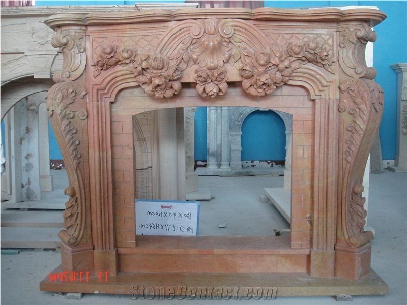 Flower Hand Carved Fireplace Pink Marble Fireplace Surround Mantel