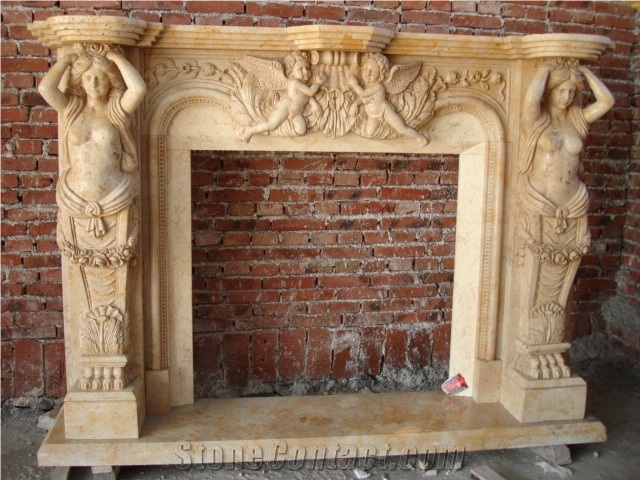 Hand Carved Beige Marble Fireplace Surround