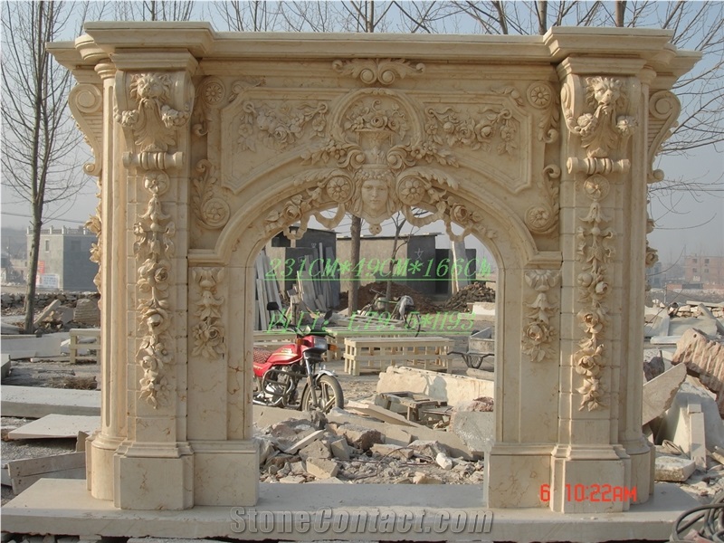 Hand Carved Beige Marble Fireplace Surround