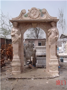 Hand Carved Door Surround with Statue, Beige Travertine Door Surround