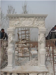 Hand Carved Door Surround with Statue, Beige Travertine Door Surround