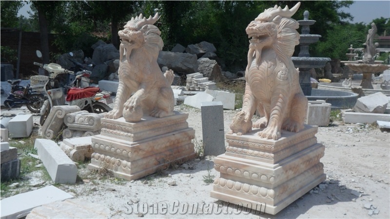 Hand Carved Pink Marble Chinese Kylin Sculpture & Statute