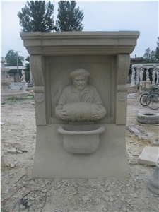 Hand Carved Sandstone Wall Fountain, Beige Sandstone Fountain