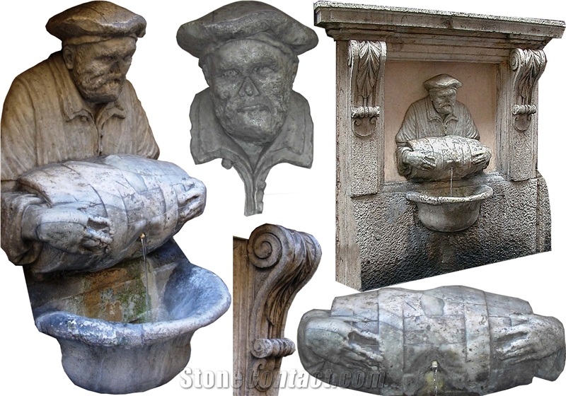 Hand Carved Sandstone Wall Fountain, Beige Sandstone Fountain