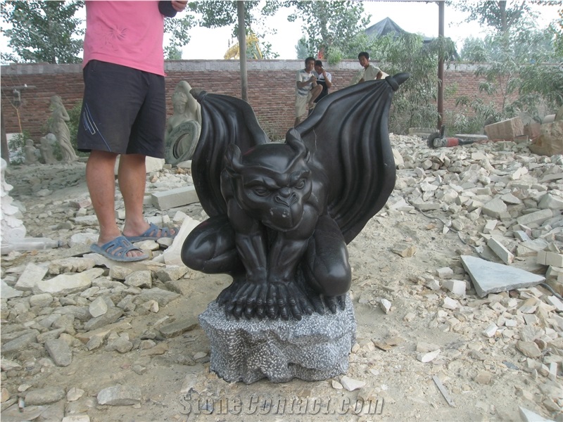 Hand Carved Stone Argoyle Sculpture, Black Limestone Statue