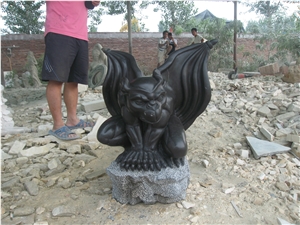 Hand Carved Stone Argoyle Sculpture, Black Limestone Statue