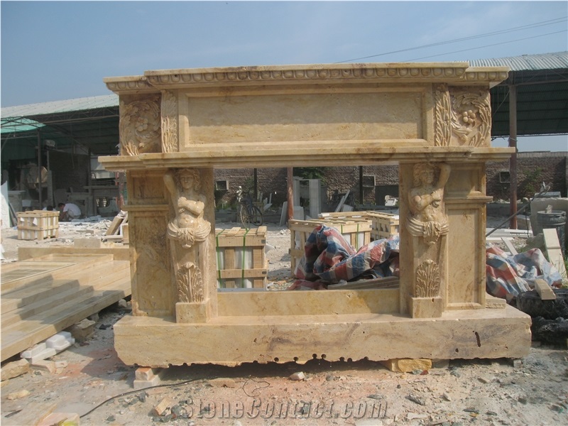 Hand Carved Travertine Double Fireplace Surround, Brown Travertine Fireplace Surround