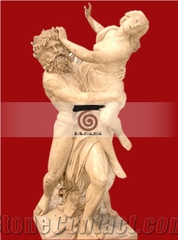 Hand Carved Travertine Western Statue Sculpture, Beige Statues