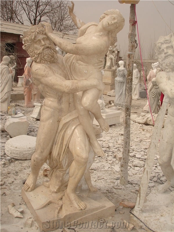 Hand Carved Travertine Western Statue Sculpture, Beige Statues