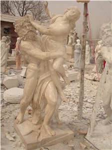 Hand Carved Travertine Western Statue Sculpture, Beige Statues
