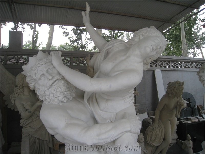 Hand Carved Travertine Western Statue Sculpture, Beige Statues
